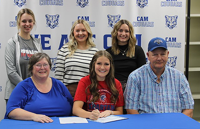 Front row (L to R)–Kim Behnken, Natalie’s mother; Natalie Behnken; and Blaine Behnken, Natalie’s father. Back row - Paige Russo, Southwestern head dance coach; Nicole Aupperle, CAM High School dance coach; and Grace McAfee, CAM High School dance coach.
