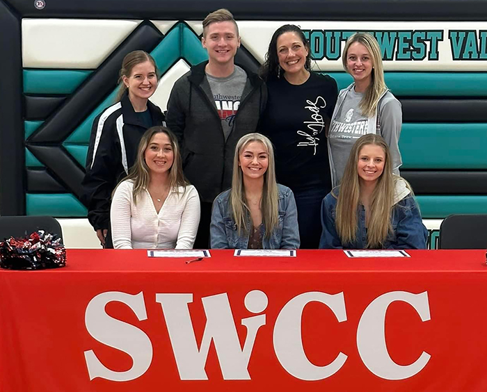 Sitting (L to R) – Kyra Simmons, Sophie Freshour, and Kya Newton.
Standing – Paige Beyer, Southwest Valley High School dance coach; Bryce Newton, Southwestern assistant dance coach; Adonica Struhar, Spotlight School of Dance director; and Paige Russo, Southwestern head dance coach.

