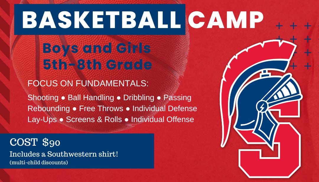 Spartan logo with basketball camp information from article on red background with basketball graphic