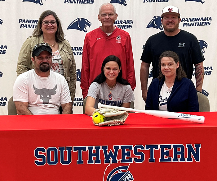 IN PHOTO: Sitting (L to R): Sam Sloss, Caitlyn’s father; Caitlyn Sloss; and Crystal Sloss, Caitlyn’s mother. Standing: Kylee Boettcher, Panorama High School softball coach; Danny Jensen, Southwestern head softball coach; and Trevor Gipple, Caitlyn’s hitting coach.