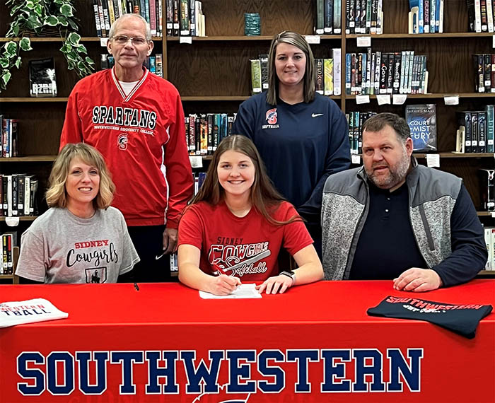 Pictured (L to R): Sitting – Jennifer West, Sadie’s mother; Sadie Thompson; and Shawn Thompson, Sadie’s father.
Standing – Danny Jensen, SWCC head softball coach, and Tessa Otto, SWCC assistant softball coach.
