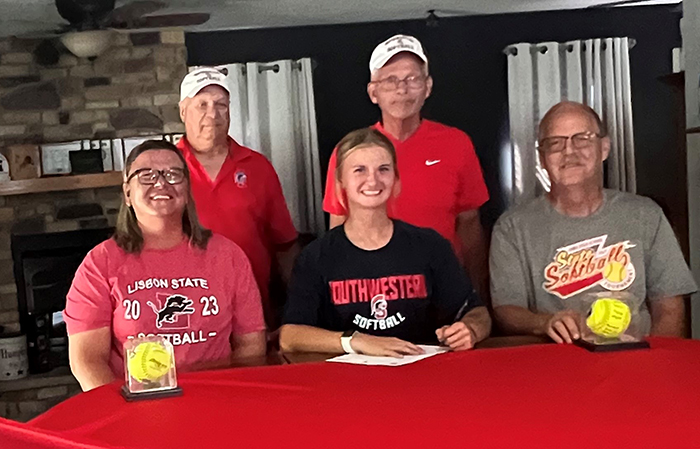 Pictured: Front row (L to R) &ndash; Crystal Humphrey, Ryleigh&rsquo;s mother; Ryleigh Allgood; and Jerry Humphrey, Ryleigh&rsquo;s father. Back row (L to R) &ndash; Dan Gibbons, Southwestern assistant softball coach, and Danny Jensen, Southwestern head softball coach.