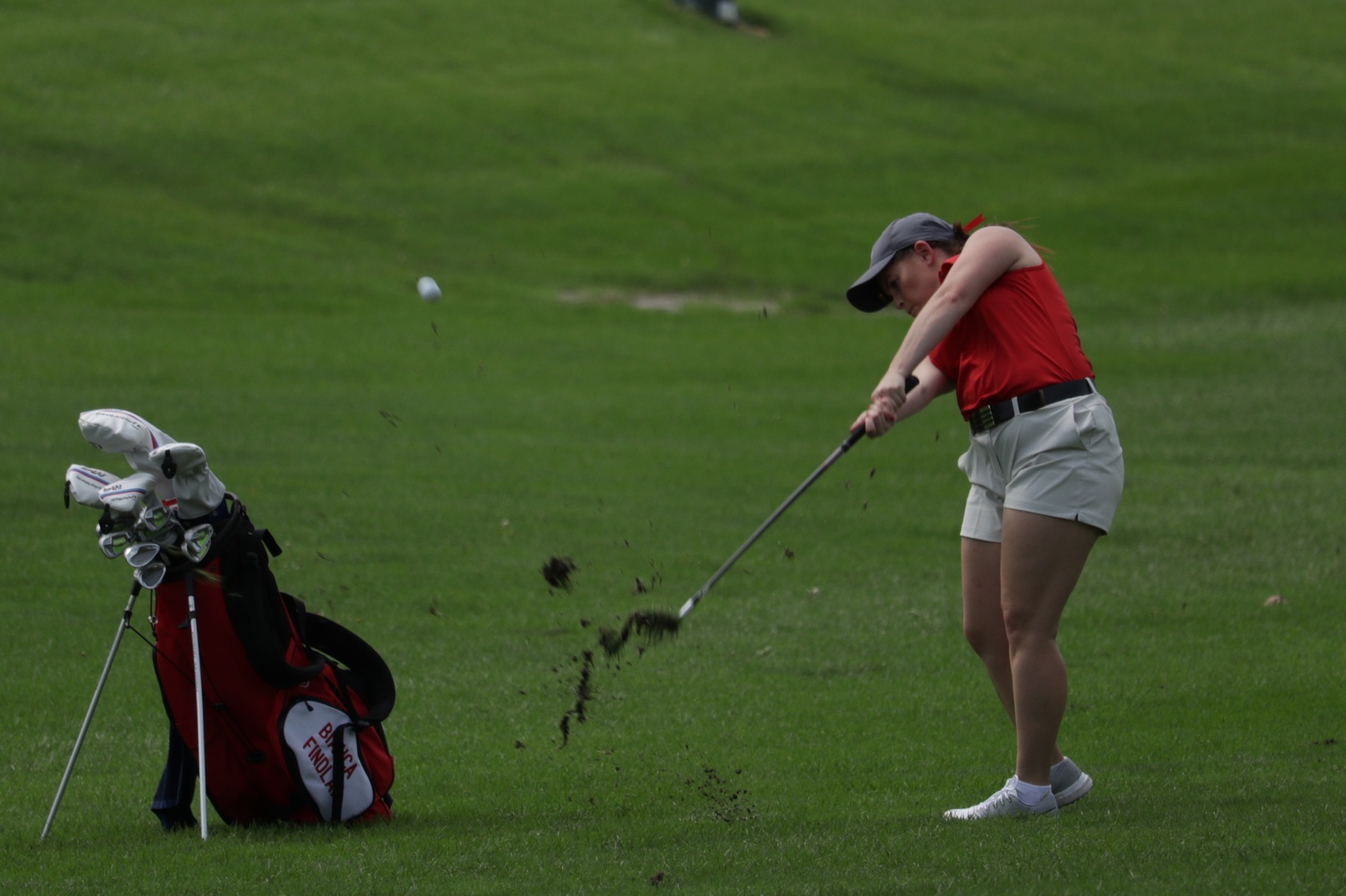 Bianca Findlay, Sophomore from Australia, hits approach shot on the ninth hole at Crestmoor Golf Club at the inaugural War at the Moor.