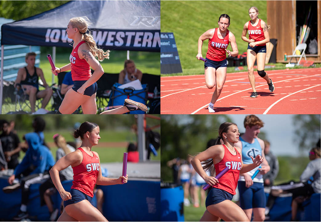 Snapshots of Southwestern's women's 4x400 team.