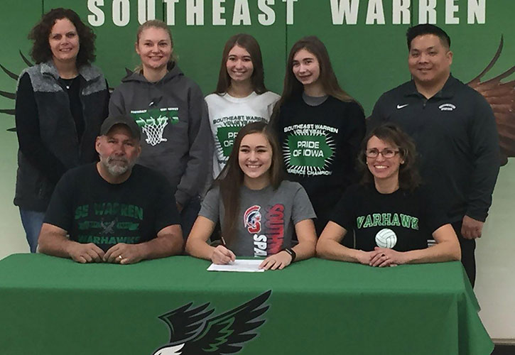 (L to R): Sitting &ndash; Richard Bales, Lela&rsquo;s father; Lela Bales; and Amanda Bales, Lela&rsquo;s mother. Standing - Jodi Clendenen, Southeast Warren head volleyball coach; Tori Ogden, Southeast Warren assistant volleyball coach; Lilly Bales, Lela&rsquo;s sister; Lydia Bales, Lela&rsquo;s sister; and Casey Quiggle, Southwestern head volleyball coach