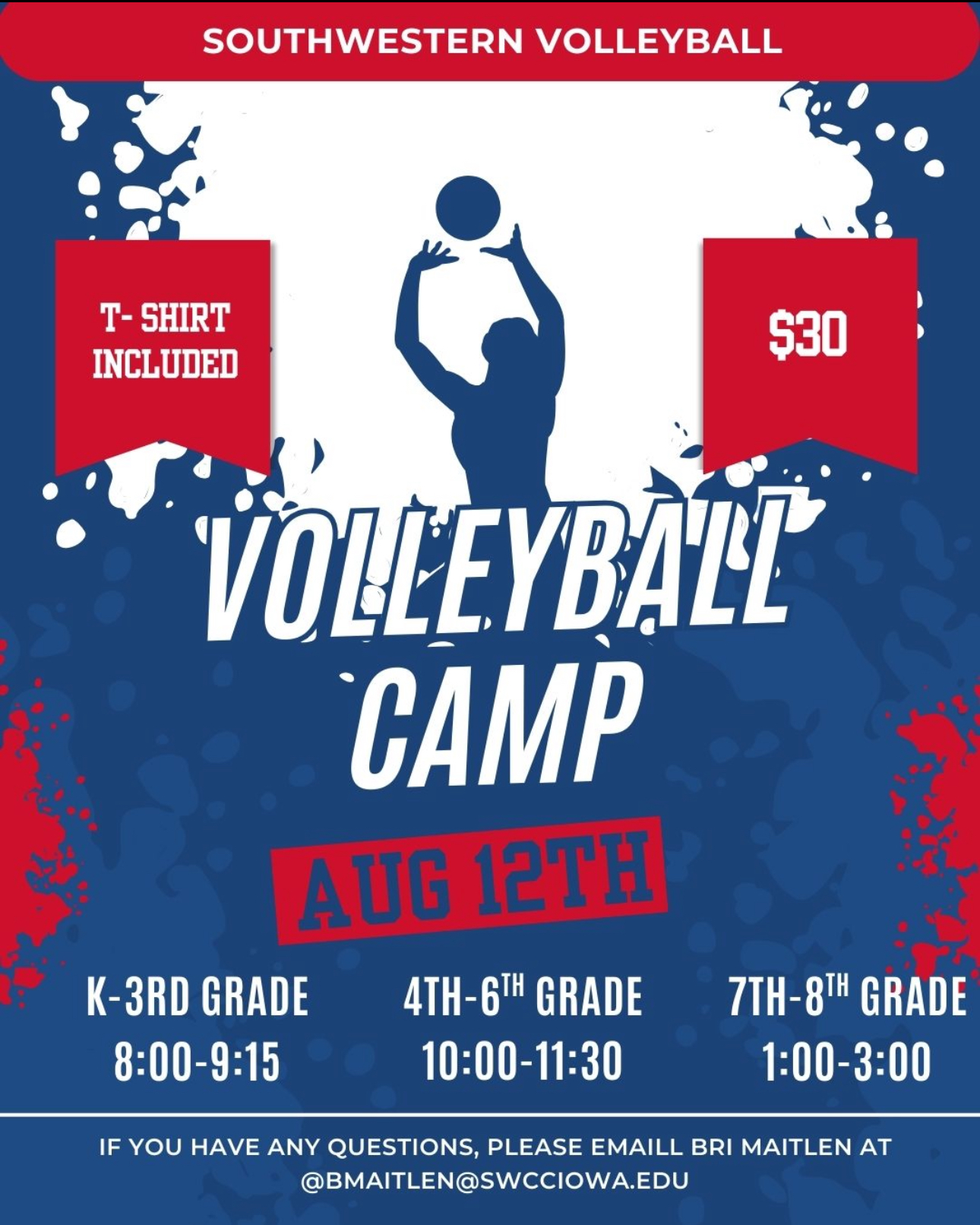 Volleyball camp poster with info from article and silhouette of  setter setting the ball